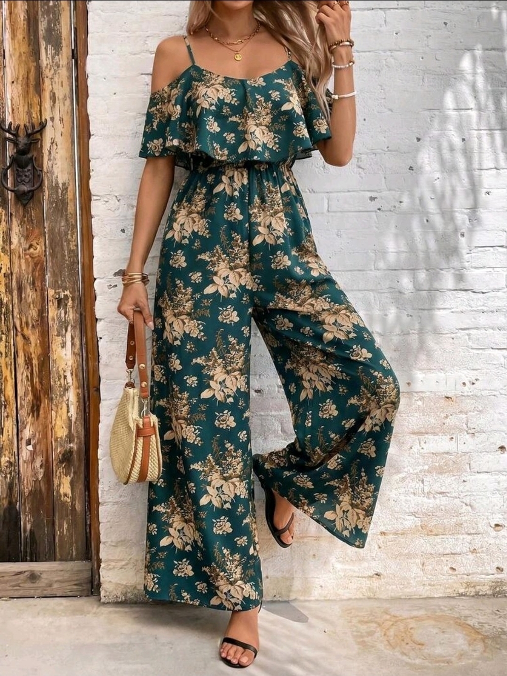 Floral Cold-Shoulder Wide-Leg Jumpsuit in Dark Green